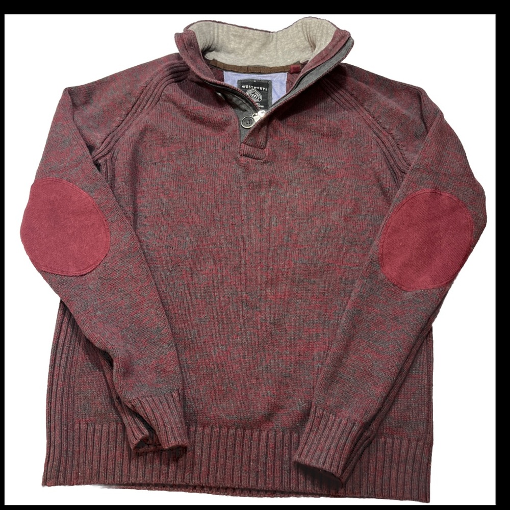 Westbury Burgundy Gray 1/4 Zip Button High Neck Jumper Sweater Medium mens shirt